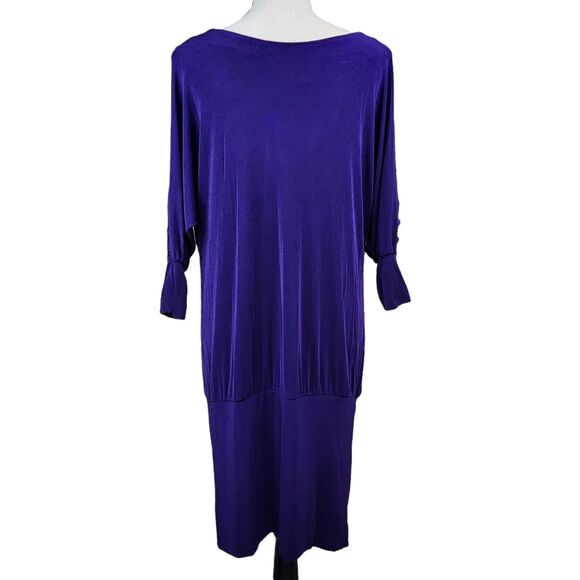 VTG 80s Purple Cowl Neck Dress Womens Sz S M Batwing Slit Sleeve Midi Drop Waist - Picture 6 of 7